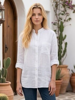 EUC Mykonos SZ XL (European) white 100% cotton Mandarin collared shirt, unisex